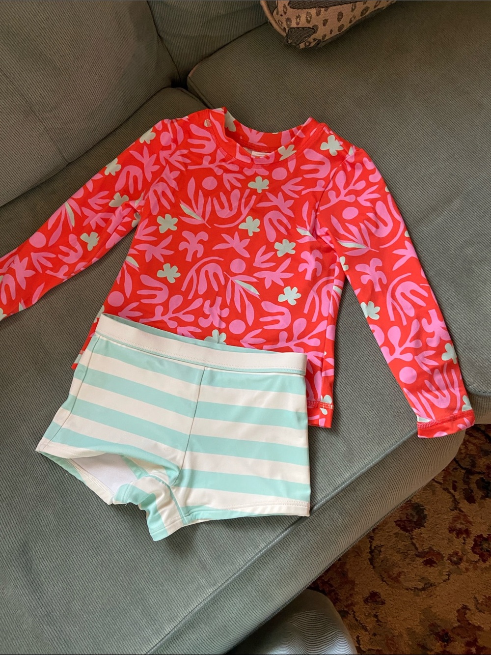 Hanna Andersson Coral Pink Floral Rashguard with Mint Stripe Swim Shorts